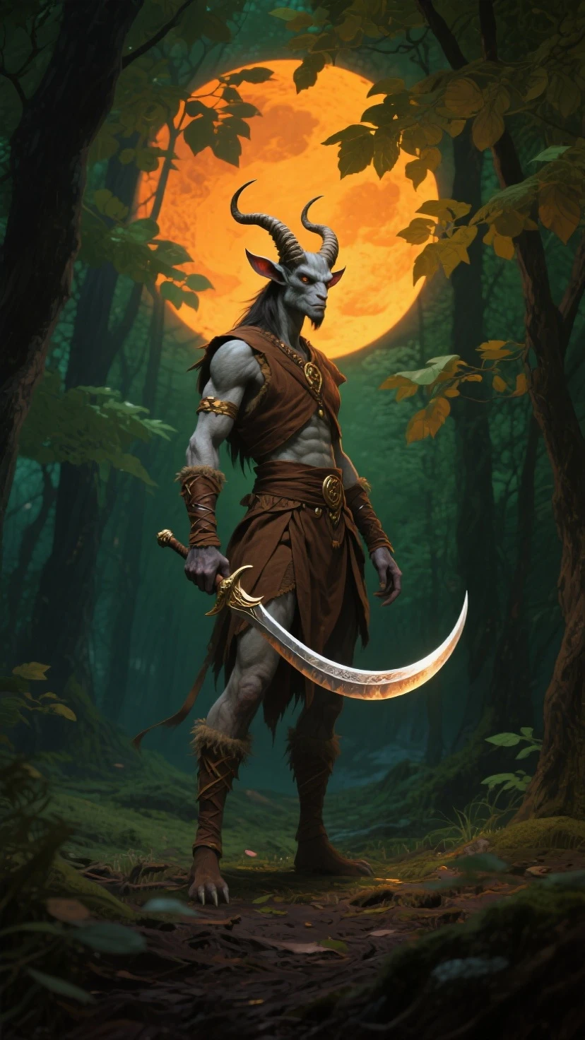 Satyr, warrior , White short hair on the head, goat legs, light scale armor covering the chest. detailed face, Worked fingers, detailed legs