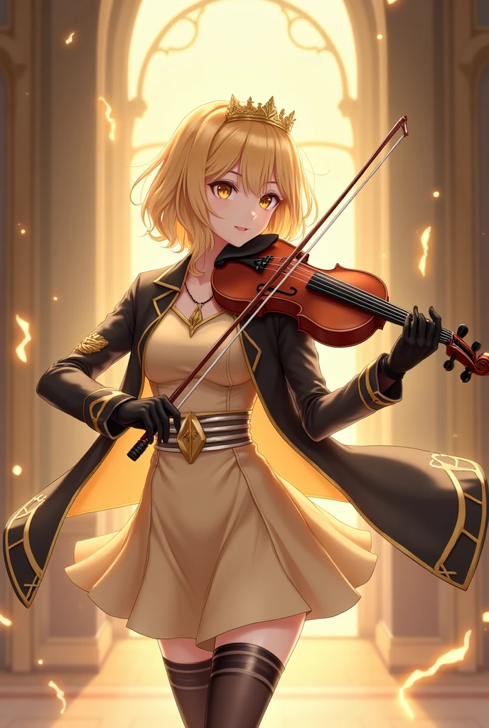 Anime Style Images, Full body image head to toe, Young woman, Blond golden hair, Short Hair, The hair is neatly arranged to the face, Gold crown headband jewelry, Jewelry is small, Hair jewelry fits her face, Jewelry I put on and look good, Jewelry I put on and look good with her dress, Golden eyes, The face is as beautiful as a goddess., cute, cuteมาก, cuteสุดๆ, wrinkle Bright, cheerful, charming and beautiful, symmetrical curvaceous shape, Wear a tight dress with light gold sleeves, Dress skirt is light gold, Thigh-length dress skirt, On the dress there is a silver belt with thin stripes on the waist, Black gloves decorated with a gold pattern long to the wrist, Ankle-length black socks, Wear black-gold windbreaker Get a dress,Long sleeve windbreaker, Men Hip-length windbreaker, Fitted windbreaker, Windbreaker look good, The windbreaker is not bulky., The dress looks very beautiful, black high heels, } The background is a large palace hall that looks luxurious and noble., ที่ด้านหลังของYoung womanมีหน้าต่างขนาดใหญ่, แสงส่องผ่านหน้าต่างด้านหลังตกลงบนร่างด้านหลังYoung woman, Golden mist, Lightning Spear, Top details, Anatomically qualified ,  maximum contrast, No lightning inside image, No lightning sparkles inside the picture, No weapons inside the picture, Young womanกำลังเล่นเครื่องดนตรีไวโอลิน, Pure white violin, violin playing posture looks elegant, violin playing posture looks beautiful