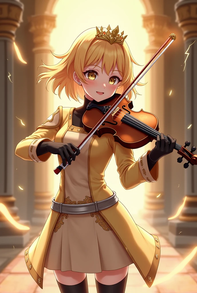 Anime Style Images, Full body image head to toe, Young woman, Blond golden hair, Short Hair, The hair is neatly arranged to the face, Gold crown headband jewelry, Jewelry is small, Hair jewelry fits her face, Jewelry I put on and look good, Jewelry I put on and look good with her dress, Golden eyes, The face is as beautiful as a goddess., cute, cuteมาก, cuteสุดๆ, wrinkle Bright, cheerful, charming and beautiful, symmetrical curvaceous shape, Wear a tight dress with light gold sleeves, Dress skirt is light gold, Thigh-length dress skirt, On the dress there is a silver belt with thin stripes on the waist, Black gloves decorated with a gold pattern long to the wrist, Ankle-length black socks, Wear black-gold windbreaker Get a dress,Long sleeve windbreaker, Men Hip-length windbreaker, Fitted windbreaker, Windbreaker look good, The windbreaker is not bulky., The dress looks very beautiful, black high heels, } The background is a large palace hall that looks luxurious and noble., ที่ด้านหลังของYoung womanมีหน้าต่างขนาดใหญ่, แสงส่องผ่านหน้าต่างด้านหลังตกลงบนร่างด้านหลังYoung woman, Golden mist, Lightning Spear, Top details, Anatomically qualified ,  maximum contrast, No lightning inside image, No lightning sparkles inside the picture, No weapons inside the picture, Young womanกำลังเล่นเครื่องดนตรีไวโอลิน, Pure white violin, violin playing posture looks elegant, violin playing posture looks beautiful