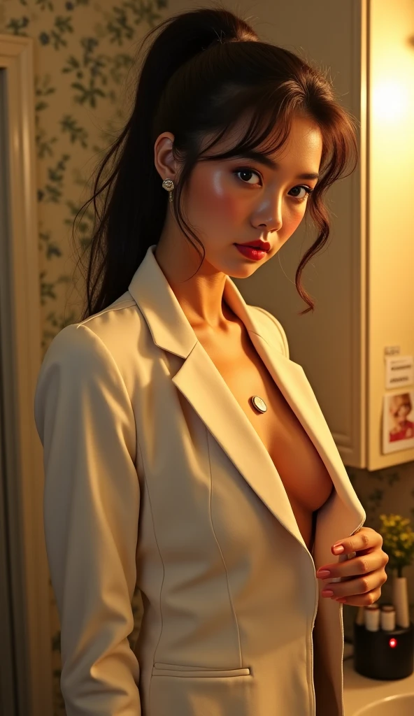 gentle and beautiful woman, Half-length photo, Exquisite and sexy collarbone, Charming oval face, double eyelids, Smart peach blossom eyes, pink lips, Small nose, Bare shoulders, focused face, Close-up of face, Ultra high quality, Super detailed, Stand gracefully, Black British college style double-breasted casual loose Korean style blazer, Paired with black pleated skirt suit