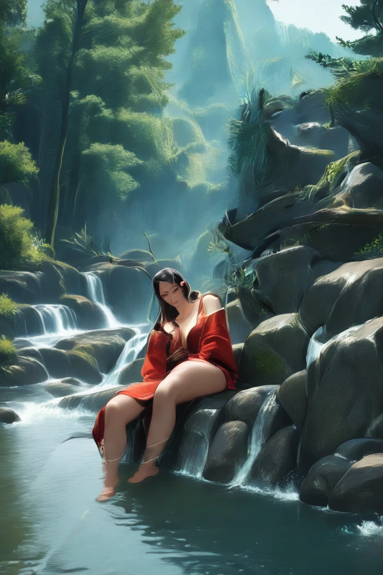 a highly detailed portrait of hot girl standing in a serene lake, masterpiece, best quality, ultra-detailed, absurdly detailed, best lighting and shadows, razor-sharp focus, extremely detailed face, eyes, hair, full body, 8K, 4K, UHD, ray-traced, beautiful visual effects