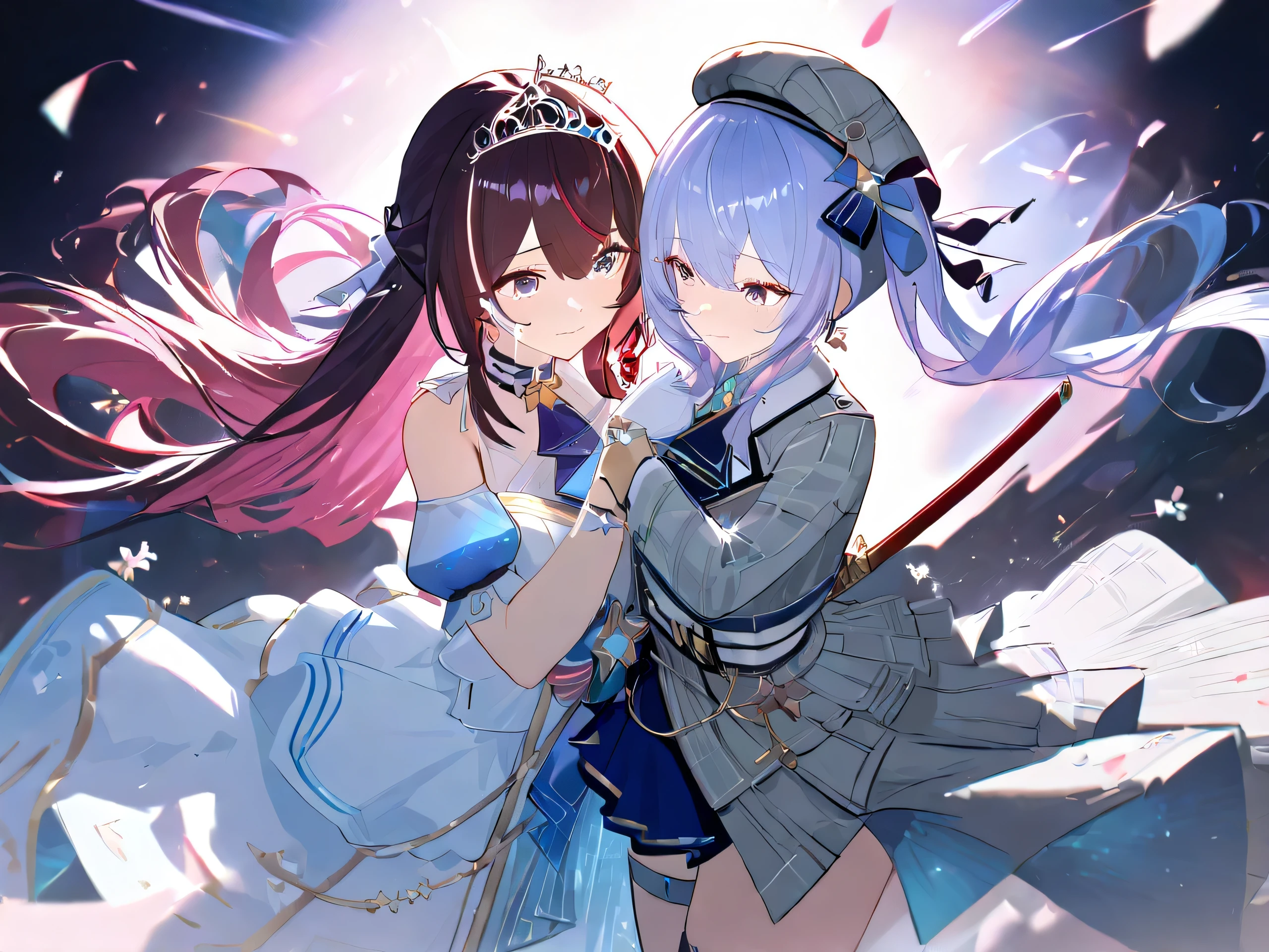 two women、anime、 Inspiring Scene、 (masterpiece:1 . 2) , 超high resolution , attention to detail , High Quality , high resolution , 最High Quality , 4K ,Embracing Each Other While Shedding Tears、Azress、colorful hair、long hair、side ponytail cut with a Japanese sword、tiara、 hair bow、frill choker、white dress、 white jacket、white gloves、 White Thigh High、SuiseiBase、side ponytail cut with a Japanese sword、plaid beret、crown、Blue Star Choker、star earrings、Blue Ascot、Grey Plaid Jacket、Grey Plaid Skirt、Layered Skirt、Partial fingerless gloves、Star Bracelet、Uneven Legwear、thigh strap、