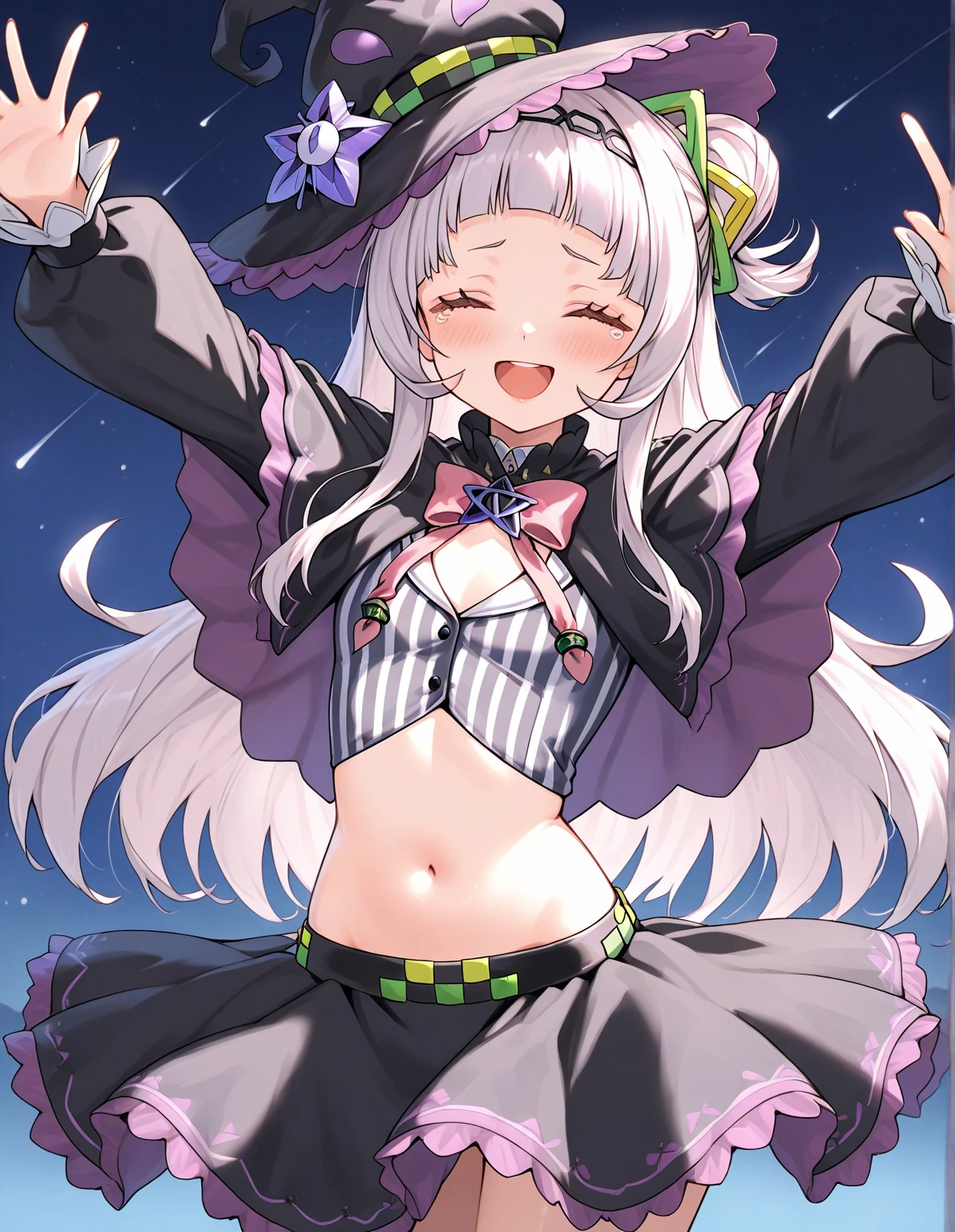 masterpiece, Highest quality, High resolution, Asion, One person, Long Hair, (Single hair bun:1.1), Short eyebrows, Small breasts, hair band, Witch Hat, Pink bow tie, Black capelet, pinstripe shirt, Long sleeve, abdomen, Blue Panties,Striped knee socks, Dilapidated, Are standing,Spaced out, stage, smile, Open your mouth,Showing panties,