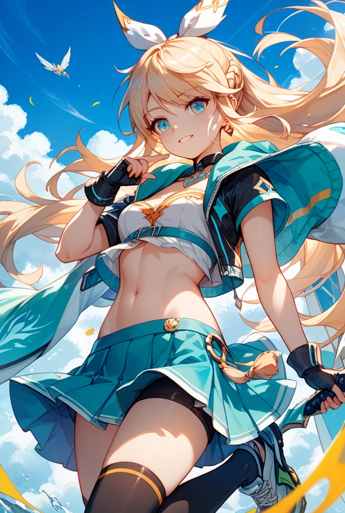 Behold, the Official Art and Key Visual of an Absurd yet captivating scene. Registering a perfect 1.6 on the highest quality scale, every detail is meticulously crafted in an 8k, most detailed 8k wallpaper. A mystical glow permeates the environment as a Blonde beauty smiles, showcasing her radiant teeth and enchanting expression.
Her tiny mini-skirt reveals an enticing glimpse of her thighs, as she strikes a dynamic angle, her arching back emphasizing her belly button. The depth of the written boundary gives the photograph a wonderful sense of perspective and sharp focus. The starry sky adorned with confetti background is a