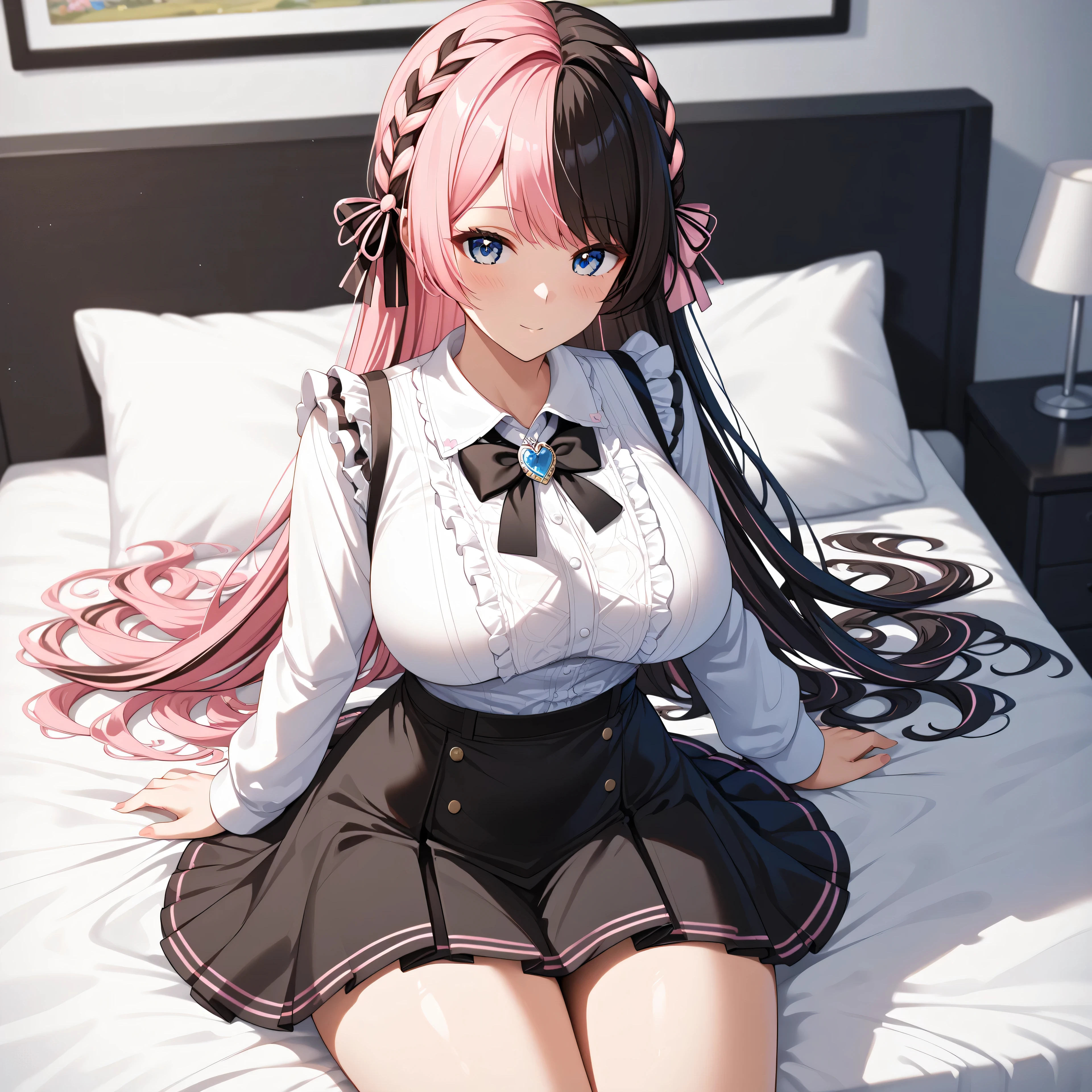 master piece,Best Quality,Super detailed,High resolution,Extremely detailed CG,Unity 8K Wallpaper,weat,score_9, score_8_up, score_7_up, score_6_up, score_5_up, score_4_up, source_anime,TachibanaHinano,blue eyes, two-tone hair, long hair, french braid, hair bow、HinanoBase, (two-tone hair), long hair, french braid, hair bow, black bowtie, brooch, frilled shirt, white shirt, long sleeves, black skirt, suspender skirt,mini skirt,mature female,professional quality, nsfw、large breasts 、bed room,amazing quality, highres, absurdres, very aesthetic, high resolution, ultra detailed, perfect details