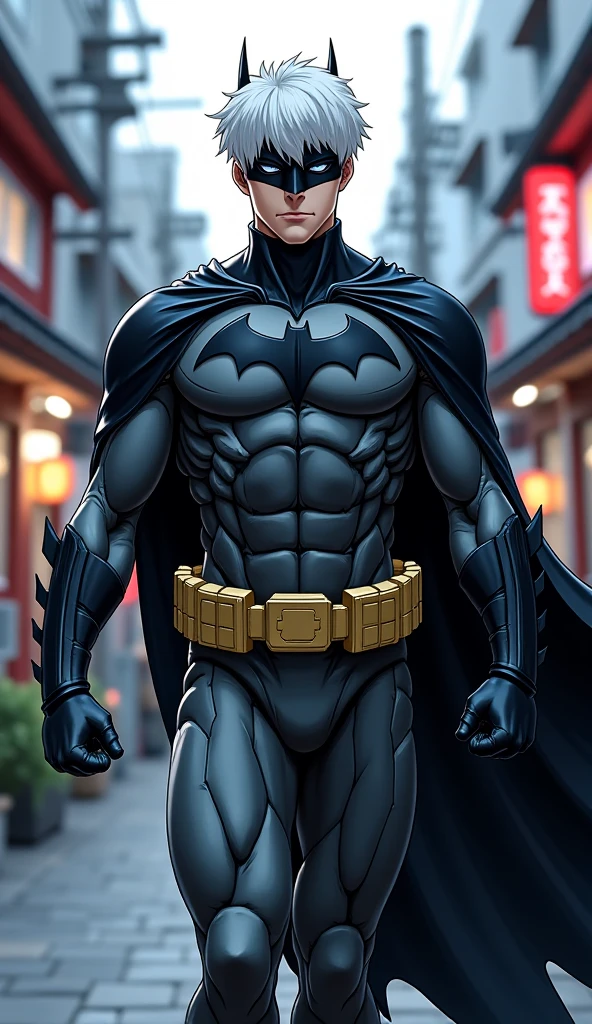saitama, one punch man, dressed in a Batman costume, dressed as Batman, muscular, bald, intense expression, powerful aura, serious face, serious gaze, striking presence, superhero outfit, iconic costume, black cape, utility belt, bat logo, strong physique, determined stance, heroic pose, defeat any enemy with one punch, unbeatable strength, invincible hero