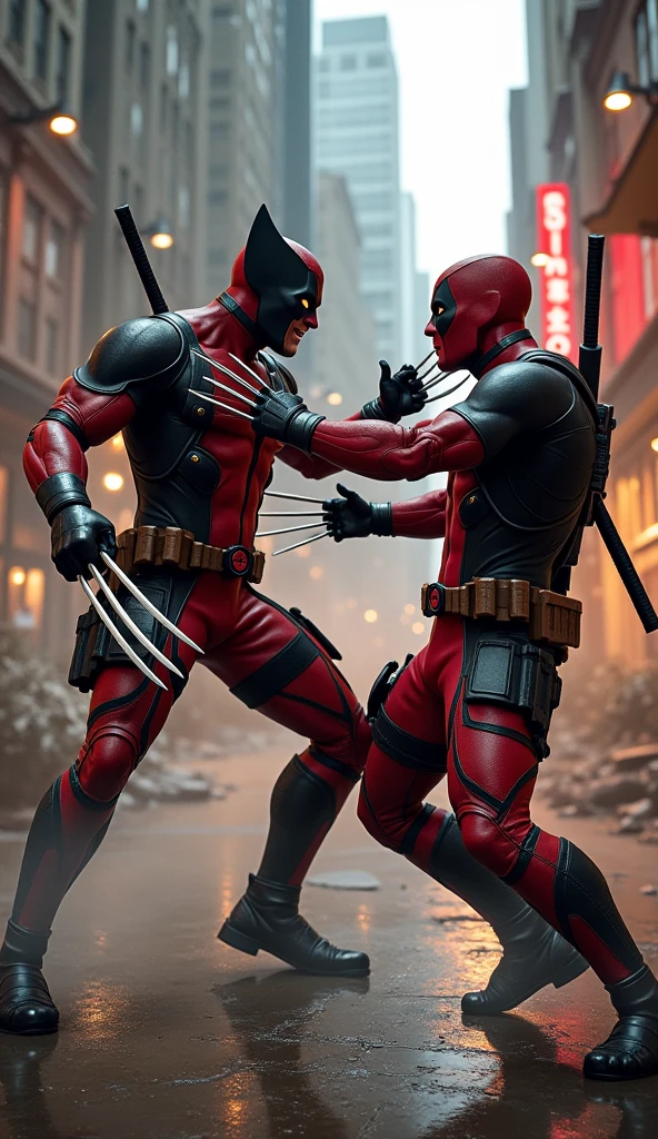 Red Deadpool and Blue Deadpool fighting
