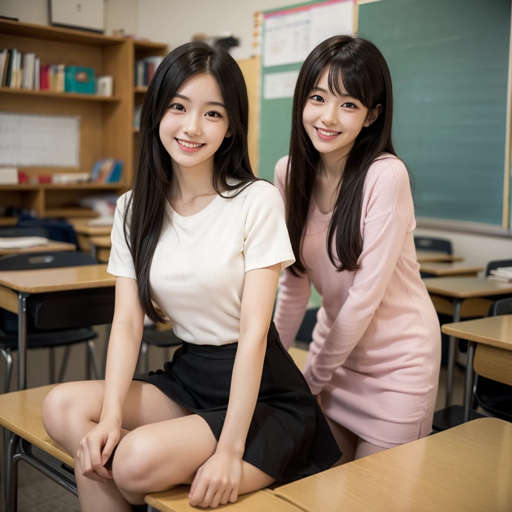 Laughing Japanese high school girl、classroom、、masterpiece, Highest quality, Photorealistic、Laugh with your mouth wide open、Smiling at the camera