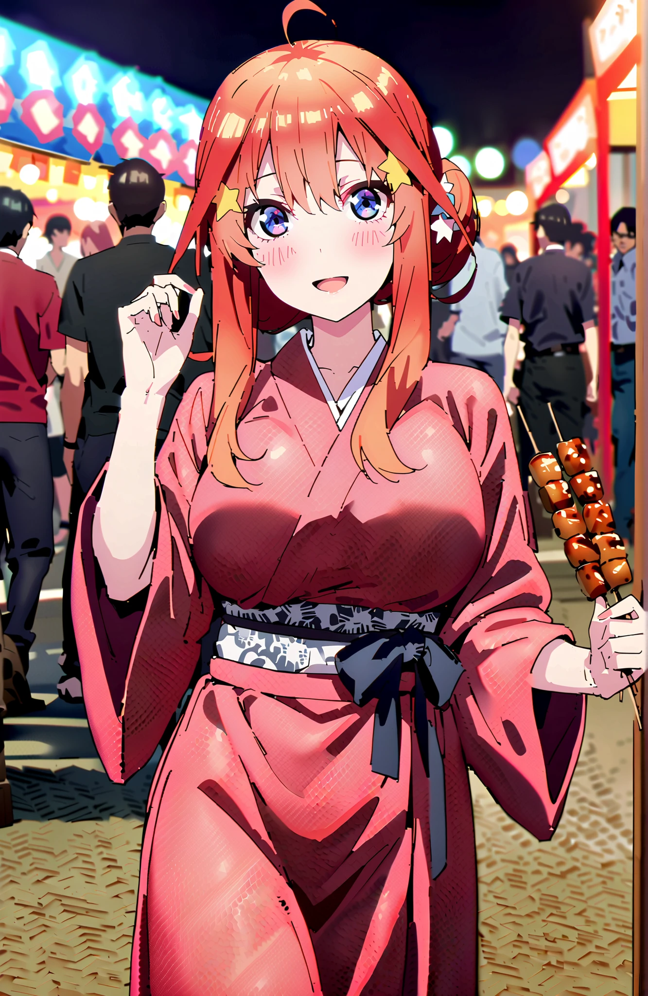 score_9, score_8_up, score_7_up, source_anime,Nakano Mizuki ,side lock, single bun hair,Nape,blue eyes, hair ornament, red hair, glass, star (symbol), semi-rimless eyewear, underrim eyewear, star hair ornament, Big Breasts,flower hair ornament with ears,Flower pattern kimono,smile,blush,open your mouth,has grilled squid skewers in her right hand,has a paper cup with yakitori skewers in her left hand,Light up fireworks,Japanese stalls ,Red Lanterns,crowd,standing,full bodyがイラストに入るように,in their 40s outdoors, Japanese Festival,
in their 40s looking at viewer,full body,
in their 40s (masterpiece:1.2),Highest Quality ,Kampala,unity 8k 壁紙,(shape:0.8),( fine, beautiful eyes :1.6),It's a person ,full body写真,CG Details , (perfect hand in h,Complete Anatomy),