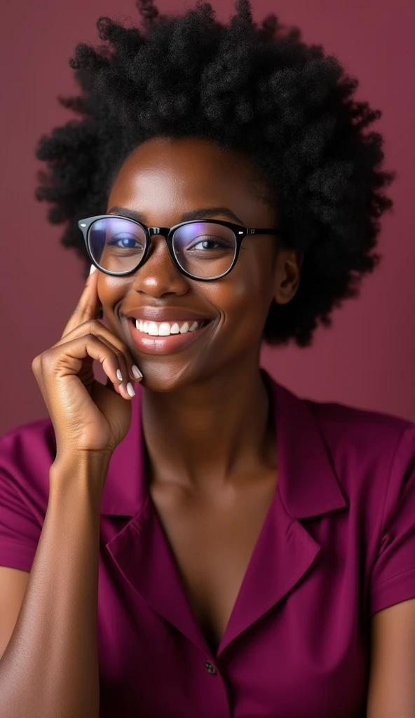 black woman, short curly hair, wearing glasses, a little fat, smiling