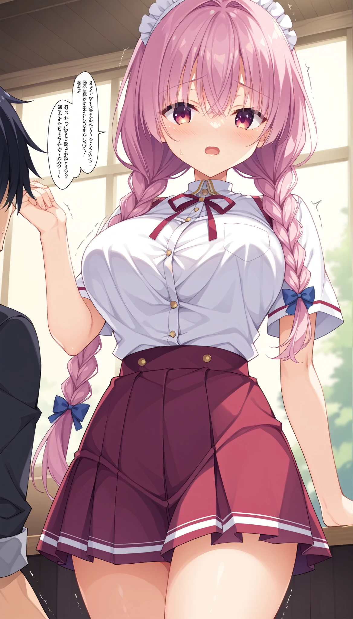 masterpiece, best quality, highres, aalala, long hair, ahoge, hair ornament, green eyes, breasts, , green bowtie, collared shirt, white shirt, sweater vest, yellow vest, short sleeves, plaid skirt, green skirt, (((huge breasts))), on bed,,looking viewer,black thighhighs,sweating,smile,(sex with guys:1.5)
