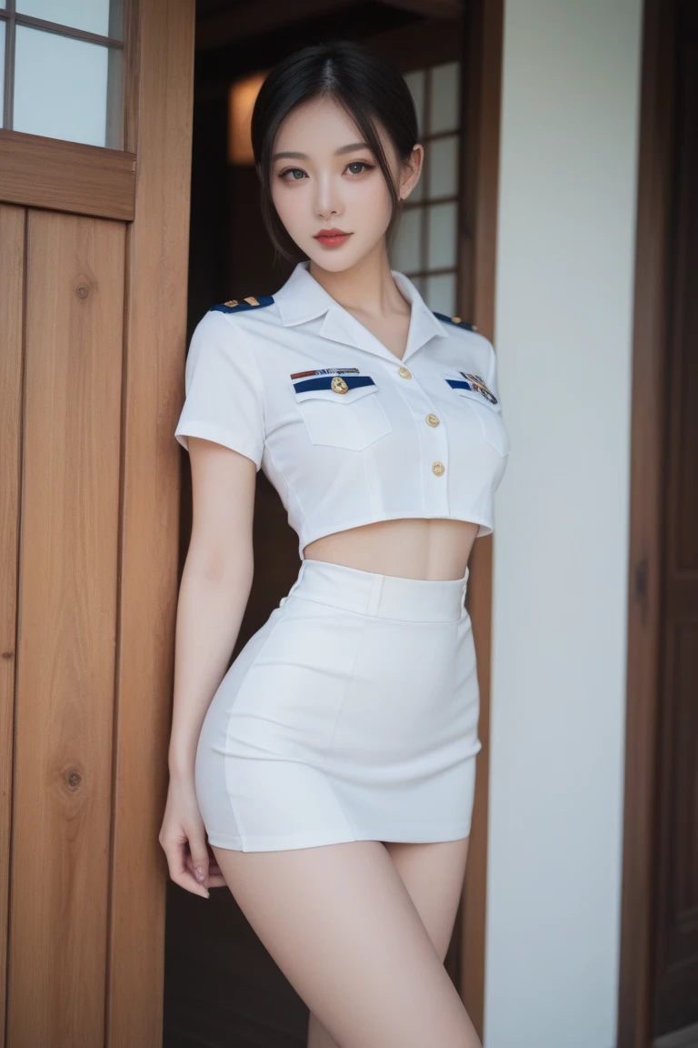 Highest quality、masterpiece、8k、Very detailed、Realistic、Looking at me with a smile、whole body、Black Hair、Short Hair、Small face、Slender、(Very large breasts:1.2)、Thin and beautiful legs、narrow and constricted waist,、(Tight reception uniform:1.2)