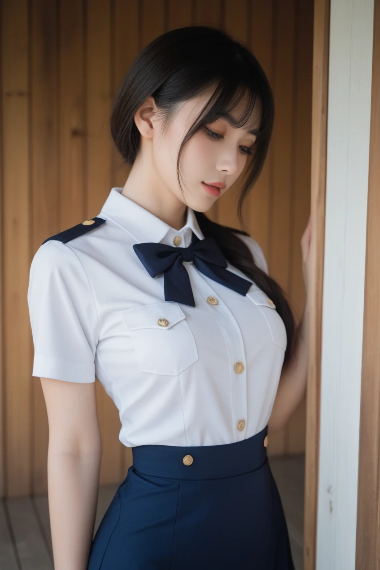 Slender Asian girl, kpop idol, ((stewardess)), ((top quality, 8k, masterpiece: 1.3)), crisp focus: 1.2, beautiful woman with perfect figure: 1.4, highly detailed face and skin texture, detailed eyes, ((skinny)), beautiful face, symmetrical face, full-length, sexy
