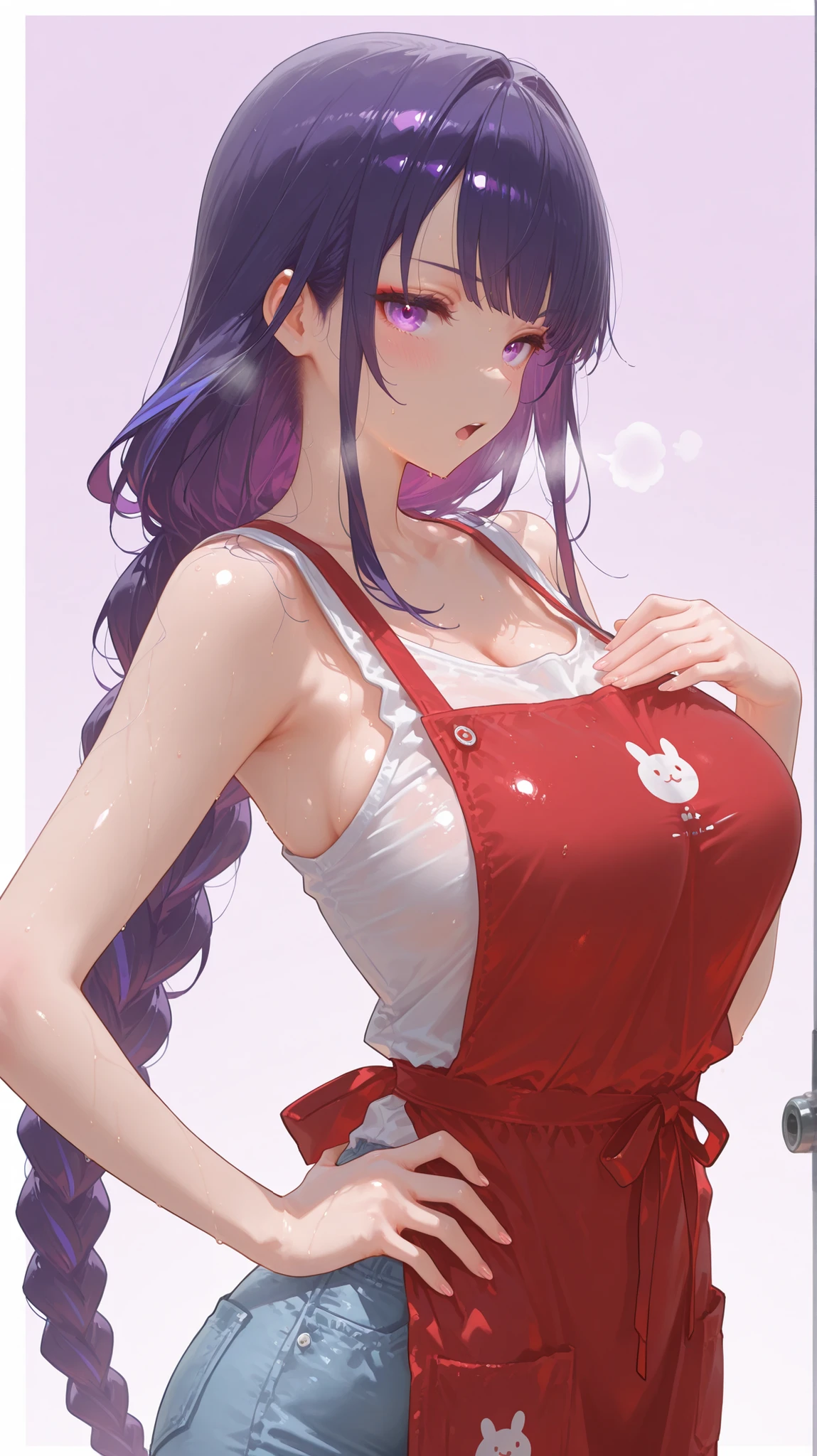 masterpiece, top quality, best quality, official art, beautiful and aesthetic:1.2),(8k, best quality, masterpiece:1.2), (((masterpiece))),(((best quality))),(((extremely detailed))), illustration, who, (masterpiece, top quality, best quality, official art, beautiful and aesthetic:1.2),(8k, best quality, masterpiece:1.2), dreikoo style, raiden_shogun_ckxl, white background, 1girl, solo, purple eyes, purple hair, long hair, apron, looking at viewer, braid, open mouth, sleeveless, shirt, purple background, single braid, alternate costume, white shirt, blush, collarbone, simple background, sidelocks, hand on own hip, contemporary, casual, bare arms, very long hair, hand on own chest, border, sleeveless shirt, breasts, braided ponytail, bare shoulders