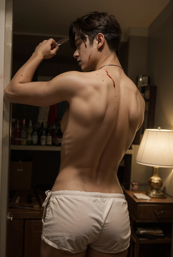 1boy、Photo Quality、Handsome Men、Mash Hair、Japanese male, 、Slim body、Completely naked、Full nudity、erection、Huge penis、Highest quality、Realistic、beautiful、Sad look、Stand in front of the middle-aged men sitting on the sofa、Back view、Dimly lit luxury hotel room