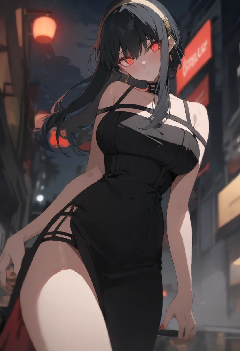 masterpiece, best quality, highres, aayorf, sidelocks, gold hairband, hair ornament, red eyes, gold earring, large breasts, choker, bare shoulders, black dress, two-sided dress, fingerless gloves, thigh boots, looking at viewer, outdoors, night, from below, black panties