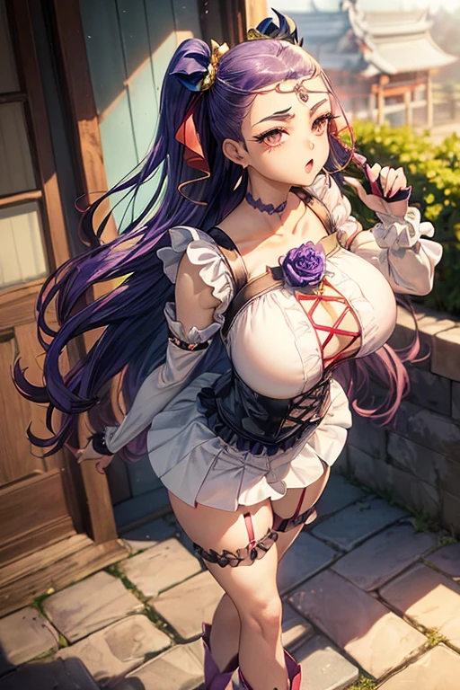 Korean Lolita, Being in the living room,(((tmasterpiece))), ((best qualtiy)), ((intricate detailes)), ((Ultra-realistic realism)), Ridiculous resolution, A MILF, Mature Woman, ighly detailed, illustratio, 1girll,((Large breasts)), perfect hand, Detailed finger, Beautiful detailed eyes, Lowered twin tails, Bright purple hair, with brown eye, (Korean-style garta belt costume:1.2), neck rings,耳Nipple Ring, detailedbackground, perfect eyes, mesmerizing eyes,cocked ass,Reddened face,(weeping:1.2),confused eyes,Slightly open mouth, (((Boldly spread your legs:1.8))), (((Colossal breasts that are about to burst, Saggy milk)))