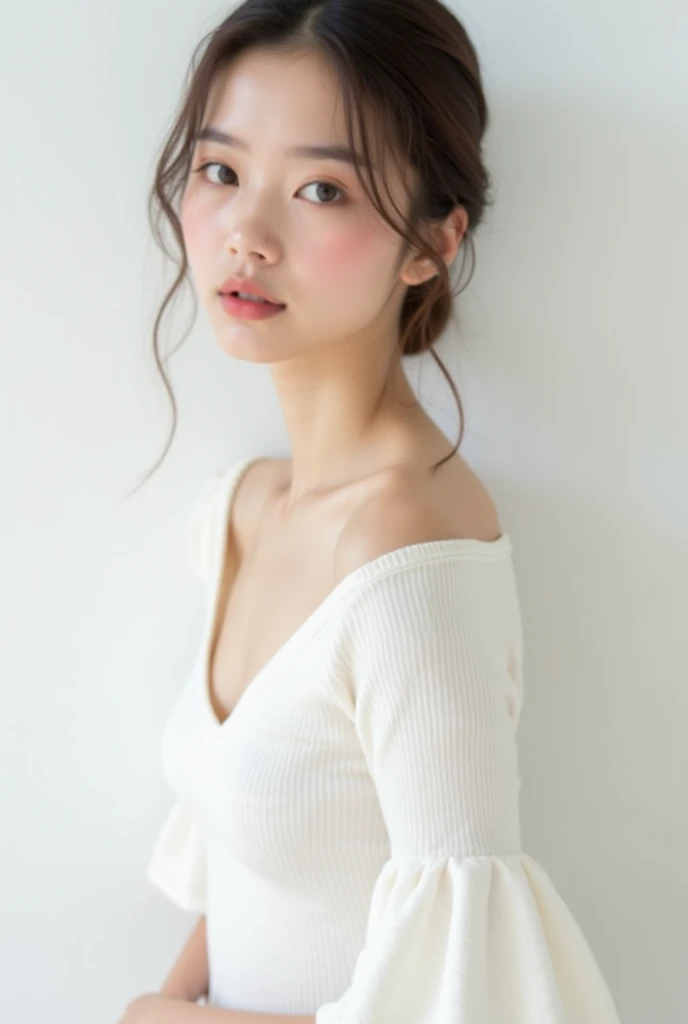 Dark brown hair、Light brown eyes、Japanese actress、 Lady、I am about 40 years old....、(Intricate details:1.2)、(Which is the top????:1.4)、 (Ultra-high resolution:1.2)、Ultra-high resolution、(Finely tuned)、(Detailed facial features)、Hmph、8K resolution、D cup size breasts、Long Hair、Updostyle, Updo、Hair Bun、1 Girl, Deep sorrowの表情, (Very detailed美しい顔), (camisole:1.5), (Bare shoulders:1.3), (Highest quality:1.4), (Very detailed)、Beautiful fair skin with transparency, Are sleeping、Sleeping on the floor、Top View、 Please open your mouth a little、Her legs are visible through the dress、Deep sorrow、Pose of Weakness、Obscene pose、White floor、White wall、The morning sun shines in、Lean on、