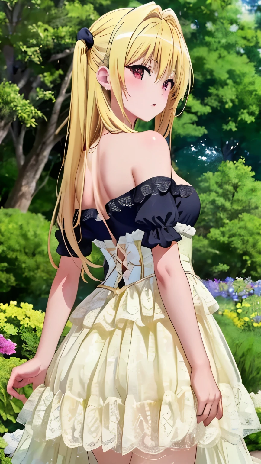 (Top quality, masterpiece, 8k:1.2), (anime coloring:1.3), (pixel-perfect, detail-perfect), very detailed, perfect hair style, beautiful eyes, perfect eyes, detailed eyes, perfect eyebrows, perfect face, detailed face, perfect hairstyle, ultra-detailed, detailed eyes, symmetrical eyes, sharp detailed, konjiki no yami, red black eyes, (blonde long hair:1.3), (mature face:1.0), slim, slim body, (small breast:1.2), nffsw,  (off shoulder dress, lace-trimmed dress, bare shoulders, frills), (garden), (cowboy shot:1.4), (from behind), looking at the viewer,