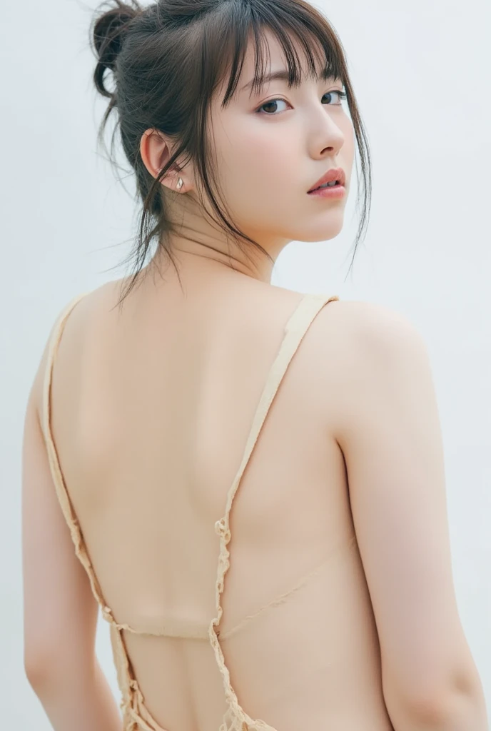 (A hyper-realistic), , (hight resolution), (8K), (ighly detailed), (The best illustrations), (beatiful detailed eyes), (top-quality), (ultra-detailliert), (​masterpiece), (mortar wallpaper), (Detailed face), a park,Armpit, Thick,,,solo,Girl ,naked portrait,  nude photography, shiny nipple, show armpit full of sweat, japanes, ,Concrete background、Tile background、half body、Very long hair、Curly hair,from behind、no clothes,  Realistic eyes、Tile background