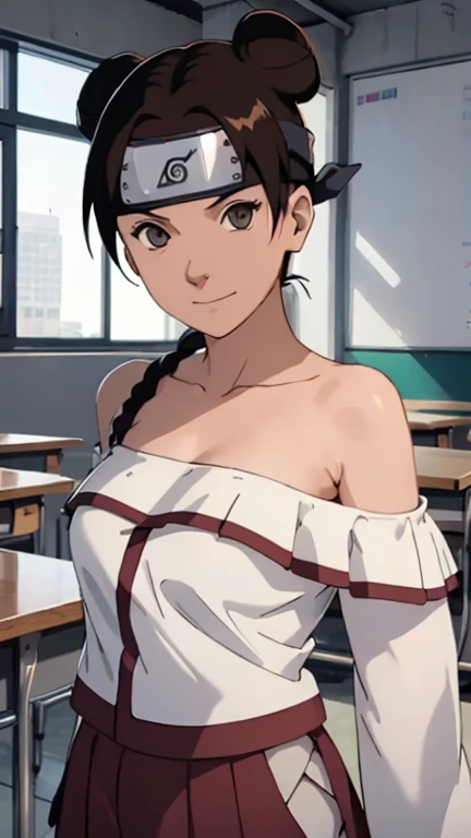 one-girl，little breast，cleavage，Off-the-shoulder attire，Bust photo，Naruto，Forehead，white  clothes，looks into camera，sportrait，ssmile，schools，‎Classroom，比基尼，cute little，Black hair