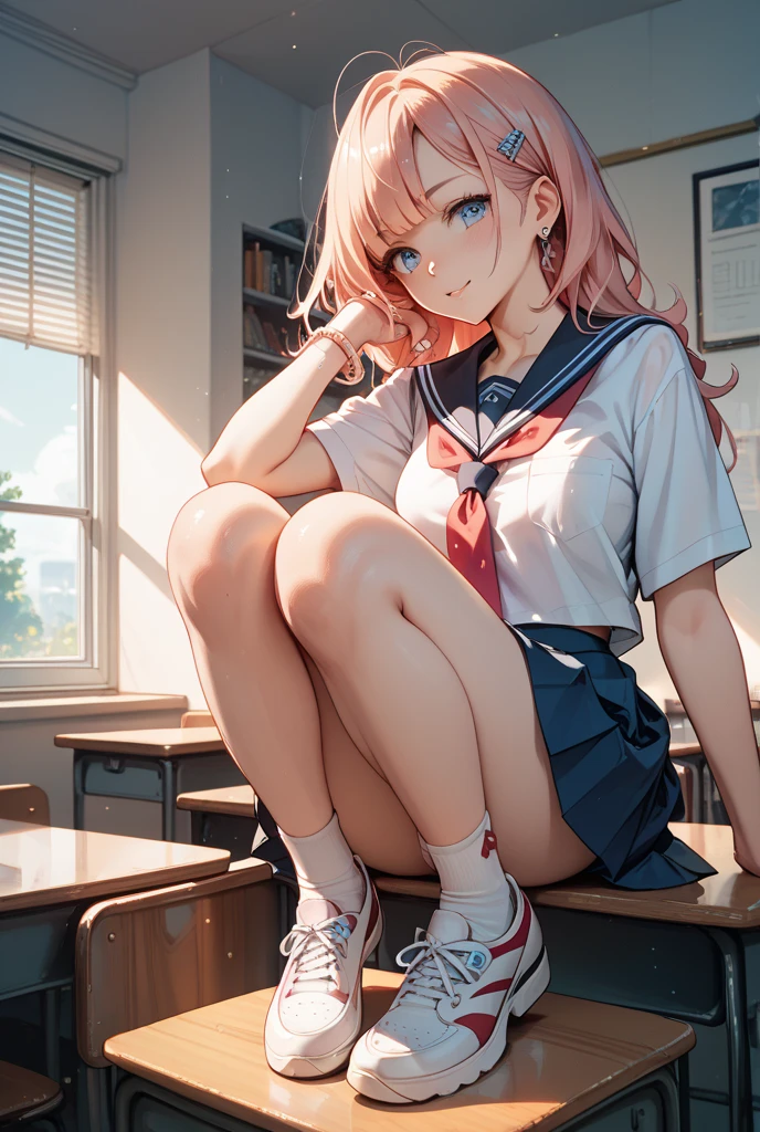 (Masterpiece, BestQuality:1.3), (ultra detailed:1.2), (hyperrealistic:1.3), (RAW photo:1.2), High detail RAW color photo, professional photograph, (Photorealistic:1.4), (realistic:1.4), (Pink Hair:1.5), professional lighting, perfect anatomy, (Big Breasts:1.2), (blush, detailed face), (cheerful Smile:1.5), Trending Hair&Trending Hairカラーをランダムに, earrings, necklace, bracelet, sexly, erotic sexly, Random sexy gravure poses, (A beautiful girl in a sailor suit、sit at a desk in the classroom、Smiling mischievously。The white knee socks and white blouse are cute.。: 1.3)