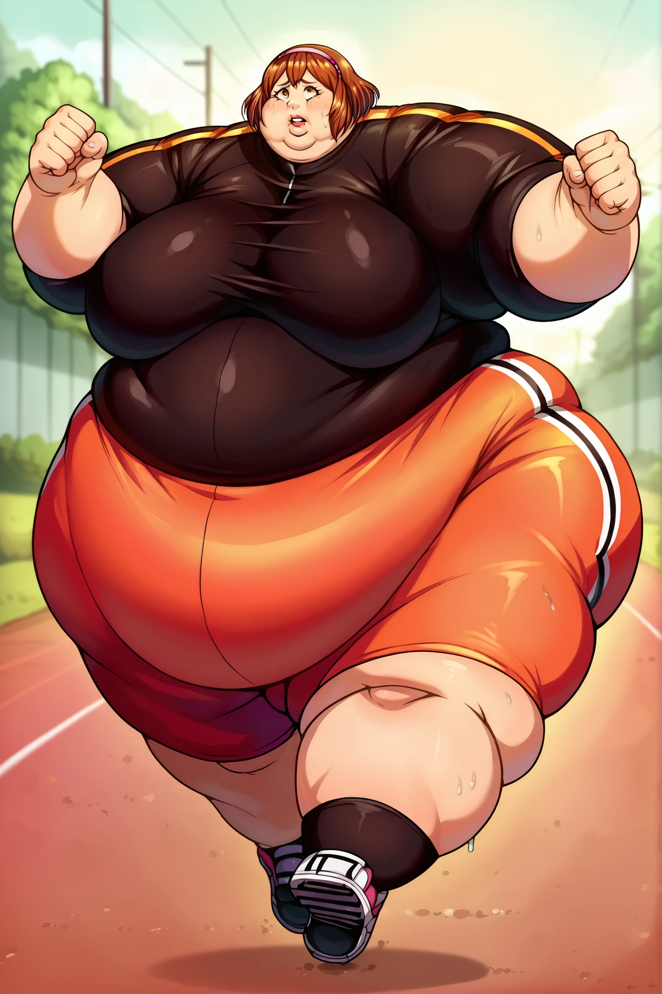 anime coloring, anime screencap, detailed face, Chiyo Yumehara, 1girl, solo, short hair, brown eyes, hairband, orange-brown hair, pink hairband, black tracksuit, giant hands, giant feet, fat, chubby, obese, gigantic arms and legs, gigantic breasts, sagging breasts, full body shot, fat face, chubby face, double chins, big lips, running, jogging, sweating, arms to the side