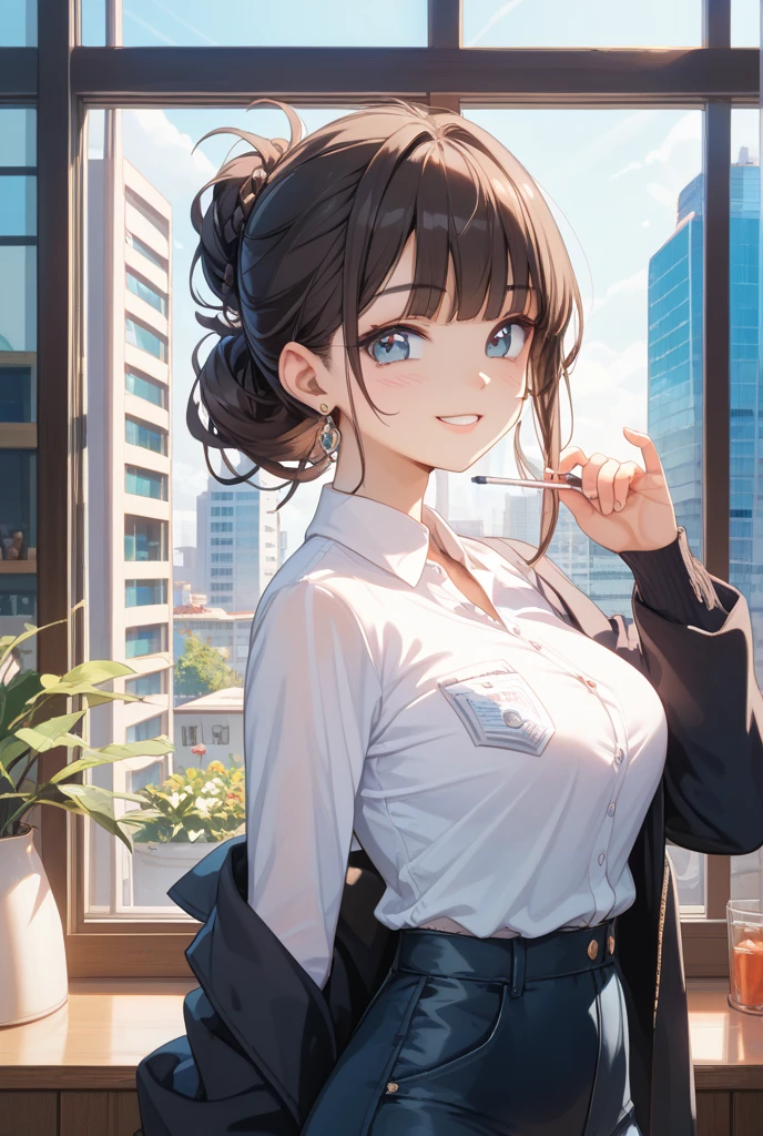 (Highest quality:1.2, Very detailed, Latest, Vibrant, Ultra-high resolution, High Contrast, masterpiece:1.2, Highest quality, Best aesthetics), Beautiful woman, Droopy eyes,sexy, Office Casual,Best Body Line, black beautiful eyes, A kind smile,Long black hair,Detailed facial features, Elegant hairstyle, detailed machine, Job listings posted on the wall, neatly organized desk, Precision work, Adorable,