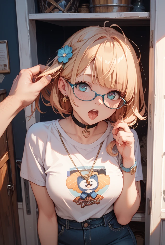 glow,masterpiece, beautiful, 4K, best quality, oil painting portrait style, cute face, big breasts, blonde,high ponytail,round frame glasses, pantyhose, Plaid skirt,Star decoration,(nsfw:0.55), ((flat chested, flat stomach, baby face)), (intense colors)