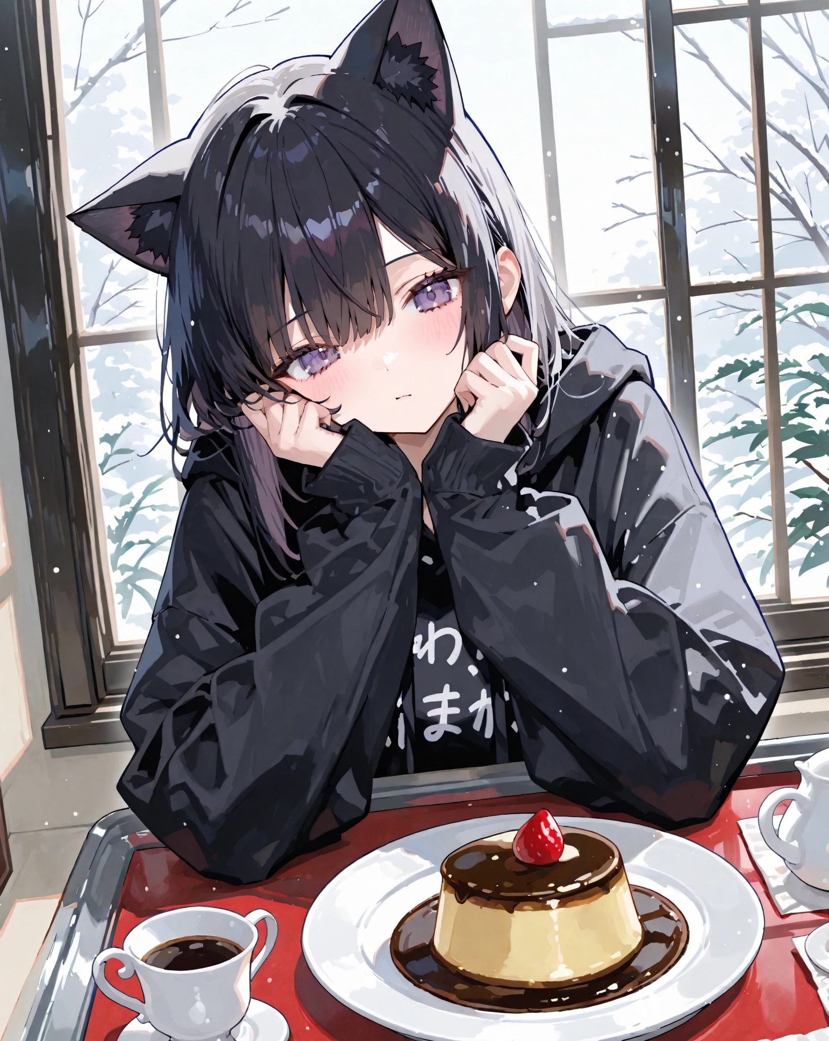 cute娘, One girl, 猫耳Food, ((cute)), masterpiece, highest quality, Perfect Face, Foodie, Food, look up, both hands, thin, fur, comfortable, warm, window, night, long Foodie, no_pants, 4K, wallpaper, close, Digital Art, Anime Style, Beautiful Eyes, Intimate, detailed, warm colors, Red eyes、Black pantyhose