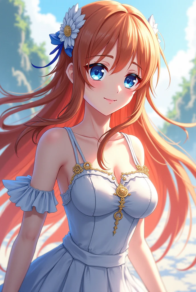 (*****, top-quality, 8K, masterpiece, Top image quality, Hi-Res, super detailing, Ultra HD, (Delicate and smooth skin, real looking skin, Perfect and beautiful face ,Perfect and cute face, high detail skin, Perfect limbs)), 1girl , no bra, braid covering nipple , downblouse, cleavage, sweating, camisole falling off shoulder, animal ear fluff , animal ears , blue eyes , blushing , collarbone , cowboy shot , hair between eyes , long hair , looking at viewer , medium breasts , open mouth , orange hair , single braid , solo , simple white background , white camisole , on all fours, leaning forward