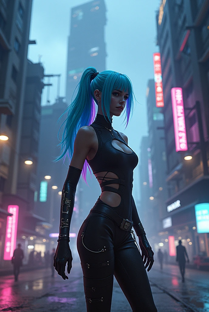 A breathtaking cyberpunk scene captured in a high-resolution photograph, featuring a stunning European girl immersed in the futuristic world of Cyberpunk 2077. With her vibrant neon blue hair cascading down her back, she exudes an aura of edgy sophistication. The portrait showcases her detailed face, highlighting every intricate facial feature and finely textured skin. Donning a sleek and stylish cyberpunk outfit, she stands confidently on the neon-lit streets, her piercing blue eyes captivating the viewer. The photorealistic image, shot with precision on a cutting-edge Canon EOS R5 camera and a 50mm lens at F/2.8, delivers an ultra-high-definition experience, allowing every minute detail to shine through. The cinematic lighting and dramatic contrast create a