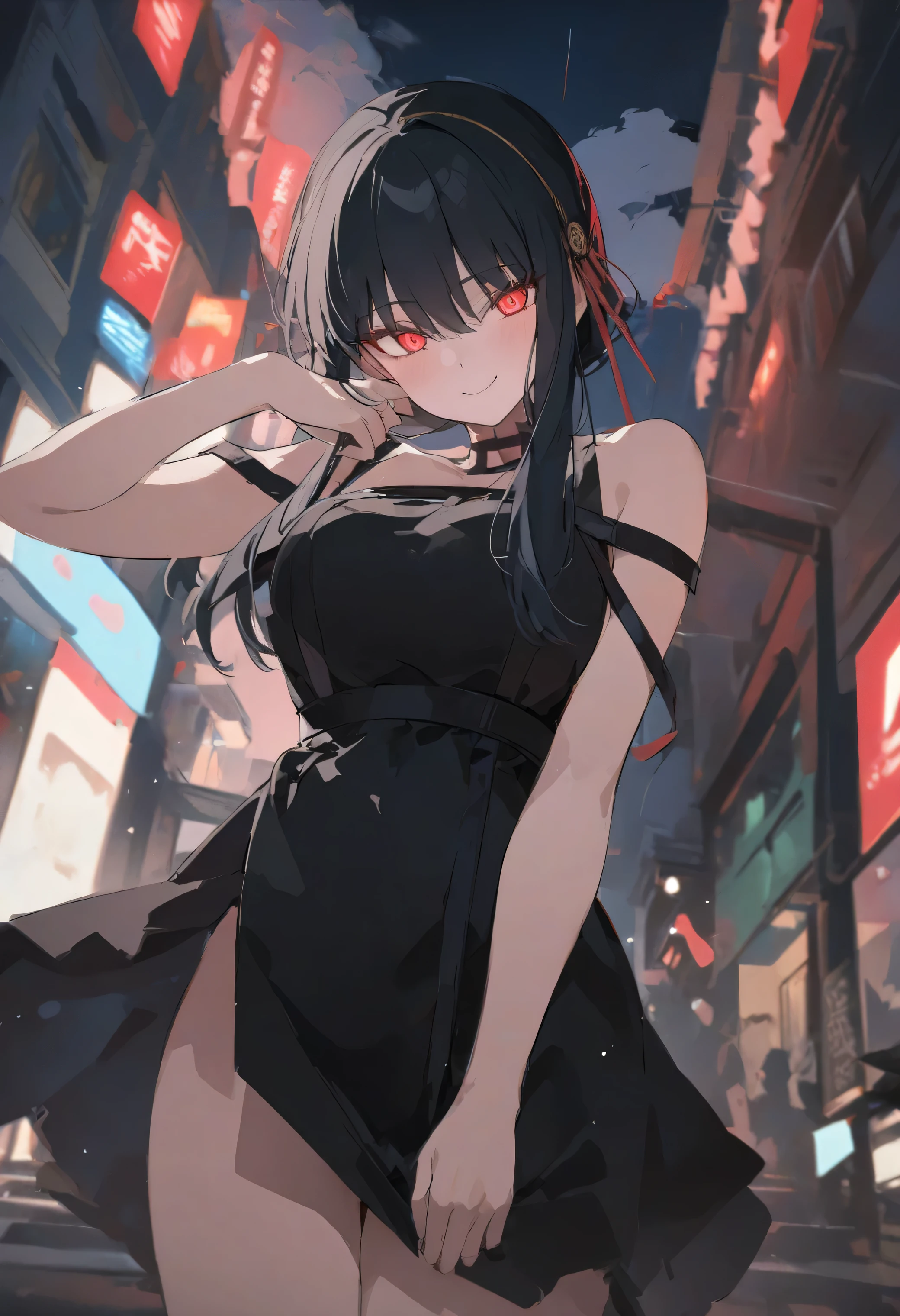 masterpiece, best quality, very aesthetic, best picture, higher quality, full detailed, freshly scene, beautiful picture, no errors, detailed eyes, red glowing eyes. 4K, Yor Briar, Black-Red detailed dress, modern theme, background is on the modern street, beautiful night and clouds, modern buildings, cute pose, cute smile, down view, Infront of the picture.