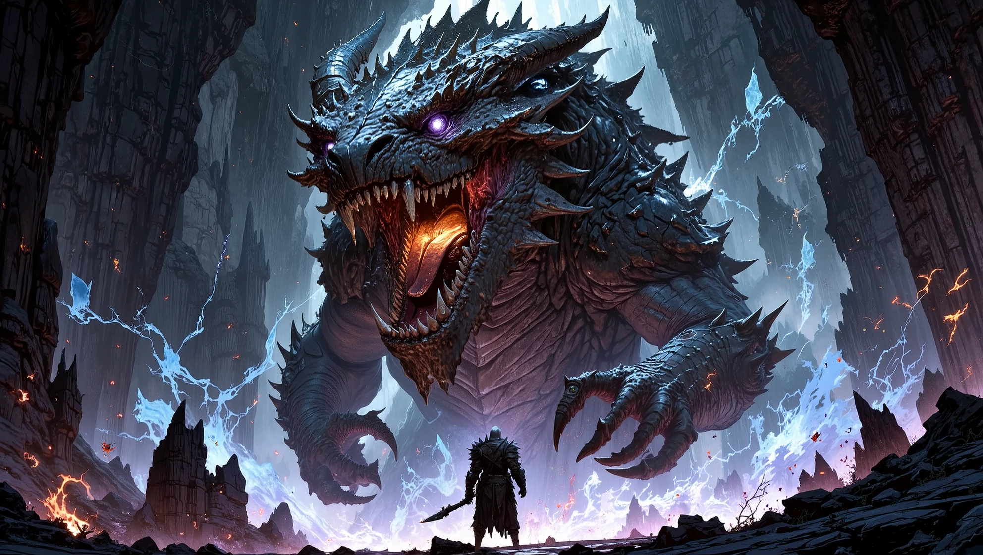 Highly detailed illustration, fantasy battle scene. Two characters in frame: a brave knight and a monstrous dragon. Third-person perspective, low angle, medium shot, from behind the knight. The knight stands in the foreground, facing the dragon. He is athletic, wearing slightly weathered iron armor with visible scratches, dents, and scuff marks. His two-handed sword is simple and slightly damaged, reflecting his humble and determined nature.
The dragon dominates the midground and background, towering over the knight. It has a menacing appearance with (four sharp horns), (shark-like teeth), and (four terrifying eyes with an orange-to-blue gradient). Its (crocodile-like skin) is dark reddish-brown, and it has eight powerful legs (eight legs). Its mouth is open, glowing brightly as it prepares to unleash fire.
The environment is a dark cave filled with jagged stalactites and stalagmites. Glowing crystals emit a soft, ethereal light around the cave. Dramatic lighting: the primary light source is from the dragon’s glowing mouth, creating a harsh contrast against the dim crystal glow. Focus on dynamic composition, high contrast, cinematic fantasy aesthetic.
Both characters must be visible and clearly distinct. Emphasize scale difference between knight and dragon.