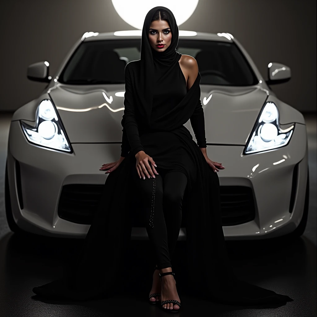 A 40 years old beautyful muslim woman,pushing a car,wearing black silk hijab and burkha,glowing skin,big ash,big dick in her ash,big breasts,sexy figure,full body image,right side view,garden in background,ultra detailed,8k