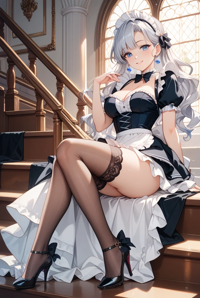 1 mature woman,(Highest quality,Extremely detailed depiction,Incredibly absurd high resolution,Anatomically accurate depiction,Perfect body,Two curvaceous legs),(Glowing Skin,Shiny skin,Oilskin),(Black and white gothic maid outfit,Maid Skirt,corset,black tights,High heels),eyelash,(Black Eyes,Crazy Eyes,Squint your eyes,Boring look,There is cleavage in the chest,Black lipstick,Part your lips,A condescending gaze on the viewer,sitting on the sofa with one&#39;s knees up),Sweat,(whole body),(background:Night room),Purple light,From below:1.3