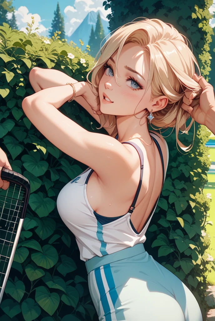 (masterpiece), (best quality), 1girl, (perfect face:1.2), (beautiful face:1.2), platinum blonde hair, happy, light smile, looking at viewer, pose,
Best Picture, Masterpiece, 4K, High Quality, One AdulA woman is on all fours in a grassy meadow. A large dog is holding her back. Silk underwear. A complete body. Perfect hands and legs. Beautiful body, beautiful legs. Beautiful hands. Perfect body, perfect legs. Perfect hands. Cowboy shot
Woman's sweaty, wet, scantily clad, visible breasts and erect nipples. Sweat is soaking through.
The woman blushes and smiles mischievously.
One cool, mature woman and one big dog. Tank top, hot pants.
(A very short skirt).
