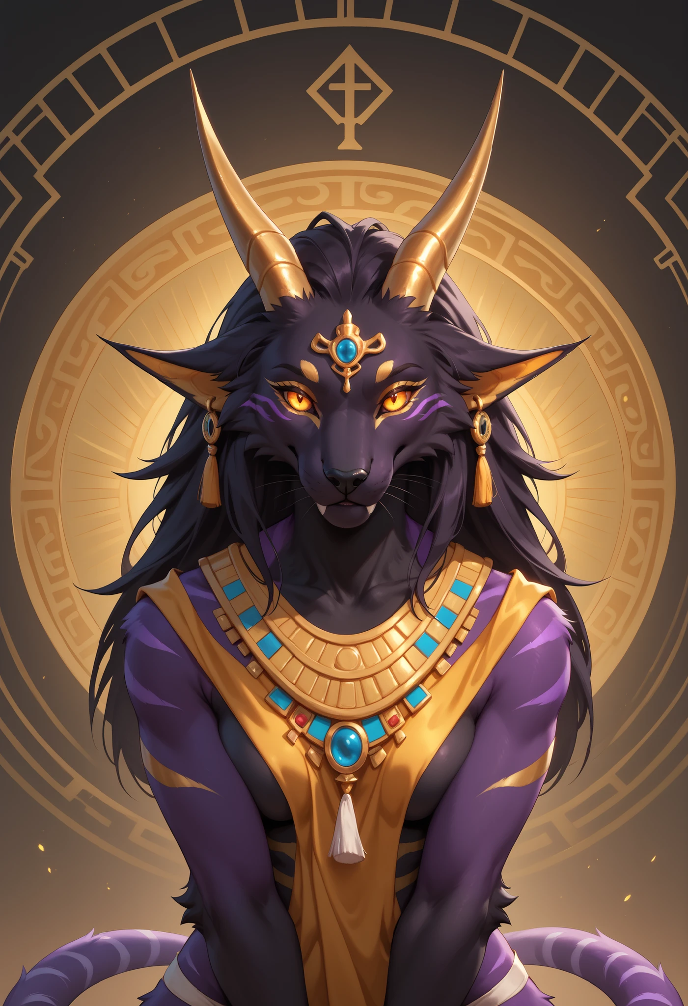 alone, score_9,score_8_up,score_7_up, anthro, female, Eothos, ((front view)), ((looking at viewer)), furred dragon, golden mark on forehead, front half of body black with golden stripes, black muzzle, black long black ears, long straight golden horns, golden glowing eyes without pupils, two purple stripes under eyes, golden eyebrows, back half of body purple, front legs orange, hind legs purple, long white claws on paws, long purple tail with white stripes, white tassel at end of tail,seductive, (((((((white bandages)))))), ((((white lace tights on legs)))), ancient egypt, detailed background