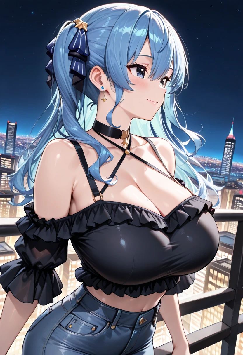 asterpiece), (highest quality), (illustration), (super detailed), (high resolution), absurdity, 1girl, hatsune miku, vocaloid,toragao,blush,strapless,harem costume,night,stripper club,standing,looking at viewer,bimbo,cleavage,hair ribbons,star necklace,cowboy shot,taking a selfie,V,hair down