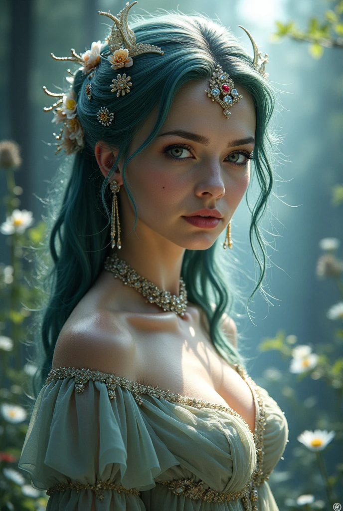 Generate a (hyperdetailed, realistic, Full Body), photo of Nia, (((turquoise color eyes))), (((long, silky, straight, Ombre blend of shimmering silver and celestial blue hair))), (((Position Nia with her long, silky hair styled in an elegant, low bun with sections of hair intricately braided and pinned back, adorned with small, delicate flowers woven into the braids))), (fair skin:1.4), (((Massive round natural breasts with deep cleavage))), (Massive round natural Breasts:1.8), (Greek and Russian mix ethnicity), (hourglass figure, perfect body, NSFW, perfect anatomy, masterpiece, best quality).(((She is wearing a flowing, floor-length Golden color medieval-style dress in rich Crimson Red jewel tones, the soft fabric complementing her curves. The dress features lace-up details, long sleeves, and intricate embroidery))) Nia strolls through the castle gardens, stopping to admire the vibrant flowers and lush greenery. Her medieval dress contrasts beautifully with the natural surroundings, and her braided hair with small flowers adds to the romantic, historical feel. The sunlight filters through the trees, casting dappled shadows on the path. She is wearing a flowing, floor-length Golden color medieval-style dress in rich Crimson Red jewel tones. 8k, (Fit, Athletic, Tall), (Massive Breasts), (Highly detailed facial and skin texture), (Best quality, ultra detailed, Golden ratio, Masterpiece:1.2), (Theatrical lighting:0.7, Perfect rare face), (Highly detailed skin), skin texture, Pale skin, shiny skin, (thin, large size:1.2), [:(Sharp focus on rare face, perfect eyes:1.2):0.2], hyperdetailed photography, UHD, realistic skin texture, shot with Canon EOS 5D Mark IV and Canon EF 50mm f/1.4 USM lens, highly detailed.
