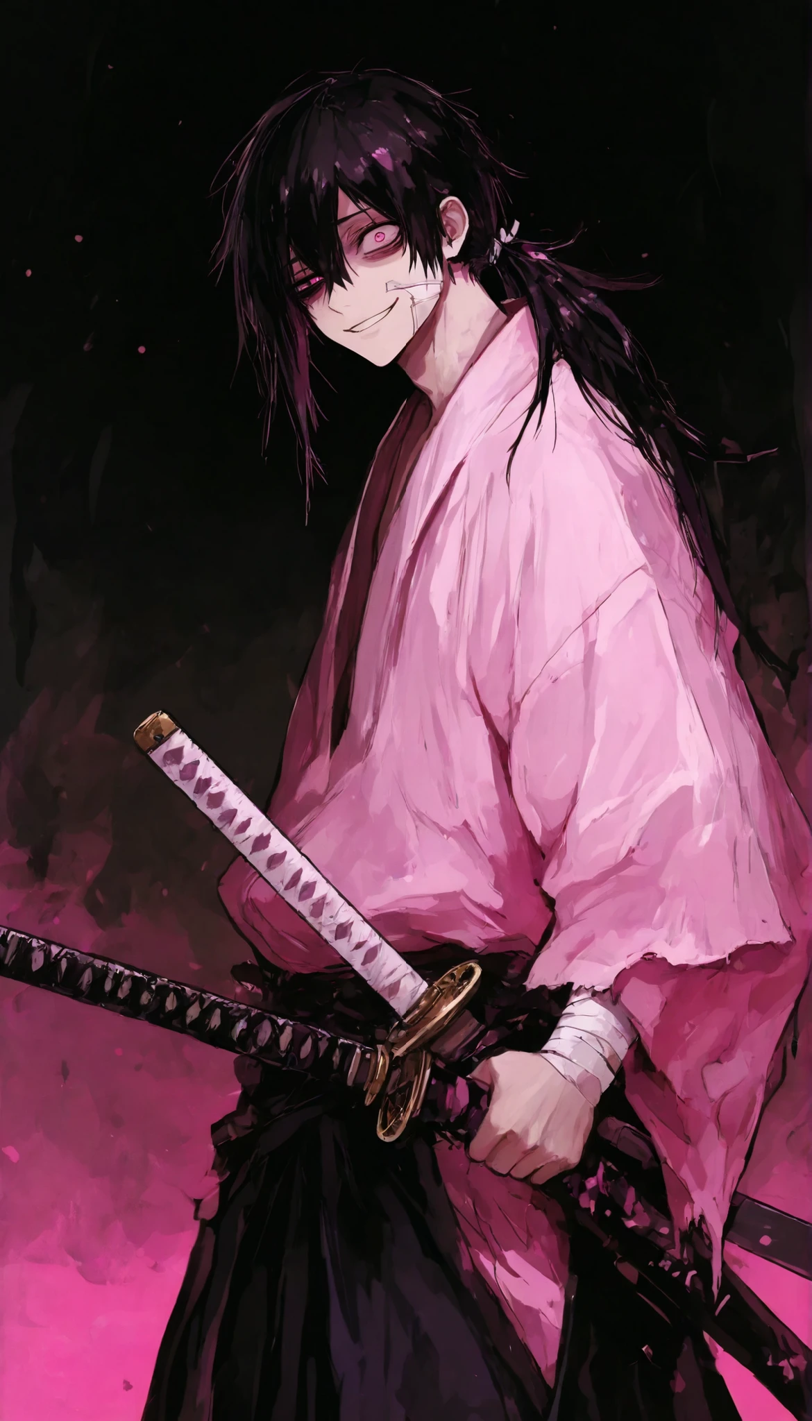 Male, black hair,in pink eyes,ripped kimono,pink kimono, Hakama black,lots of bandages,samurai,under cut hair, ponytail,smile,long hair,Under cut,crazy,uneven eyes,,side view, Katana Sword,Double Sword,Sword at the waist ,