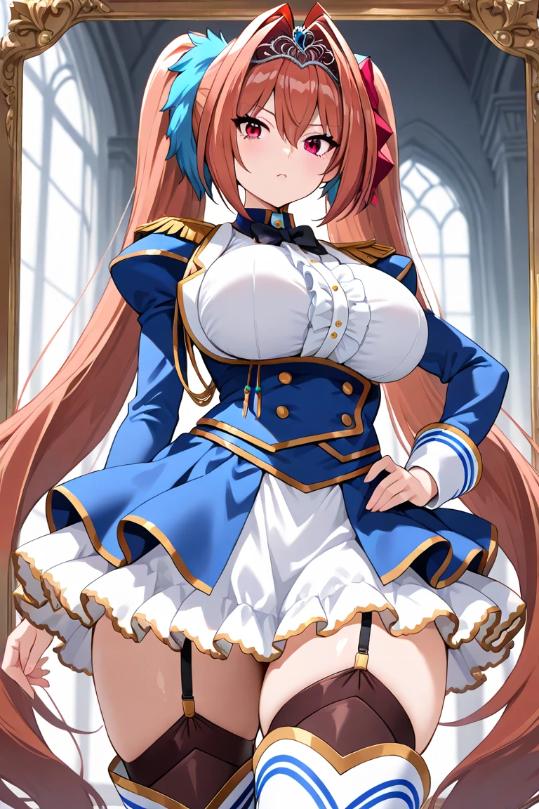 masterpiece, best quality, highres, 1girl, daiwa scarlet (umamusume), horse ears, long hair, twintails, tiara, horse tail, very long hair, brown hair, epaulettes, garter straps, long sleeves, super huge breasts, Whipped thighs ,fang, red eyes, bowtie, bangs, puffy sleeves, blue jacket, white thighhighs, center frills, white shirt, hair,between eyes, white skirt, blue skirt, hair bow, standing,house, in doors, smile,