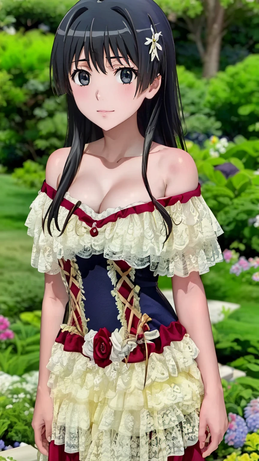 (masterpiece, best quality, high resolution, 8k:1.2), (anime coloring), unity 8k wallpaper, (beautiful detailed eyes:1.2), highly detailed face, perfect lighting, highly detailed CG, perfect hands, perfect anatomy, saten ruiko, 1 girl, young woman, bearish sentiment, (black hair:1.1), bangs, (black eyes), (slim body), (medium breasts), nffsw, (half smile:1.0), (long hair), (off shoulder dress, lace-trimmed dress, bare shoulders, frills), (garden), (cowboy shot:1.2), looking at the viewer,