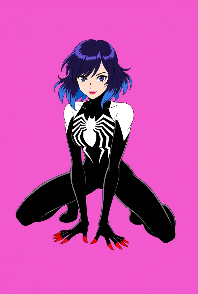 red head short side parted tucked to the side asymmetrical smooth straight bob hair green eye cute gorgeous looking woman wearing black&white viscous liquid symbiote suit, no wrinkles, bodysuit, spider-girl, skin tight