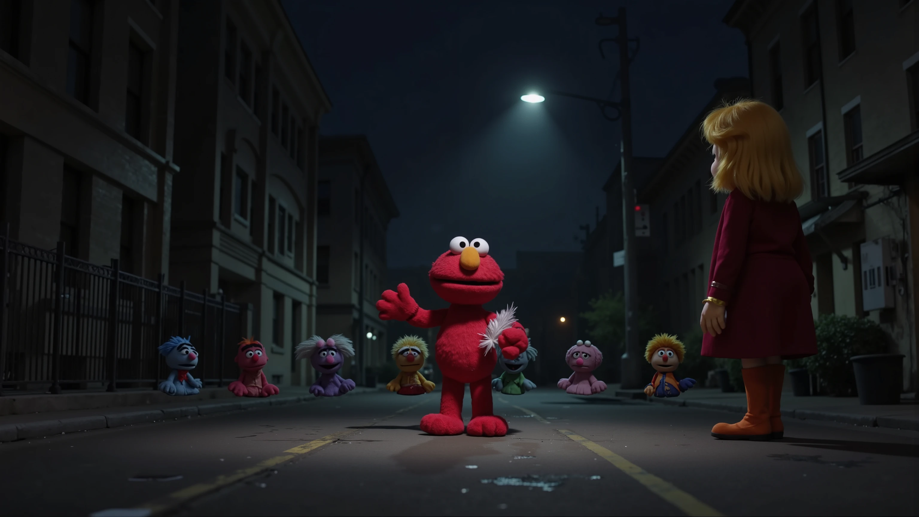 End of fear: Include: toys coming to life, pictures of frightened people, purple lights. Description: Stage toys leaping at people, images of hot air and terrified people.