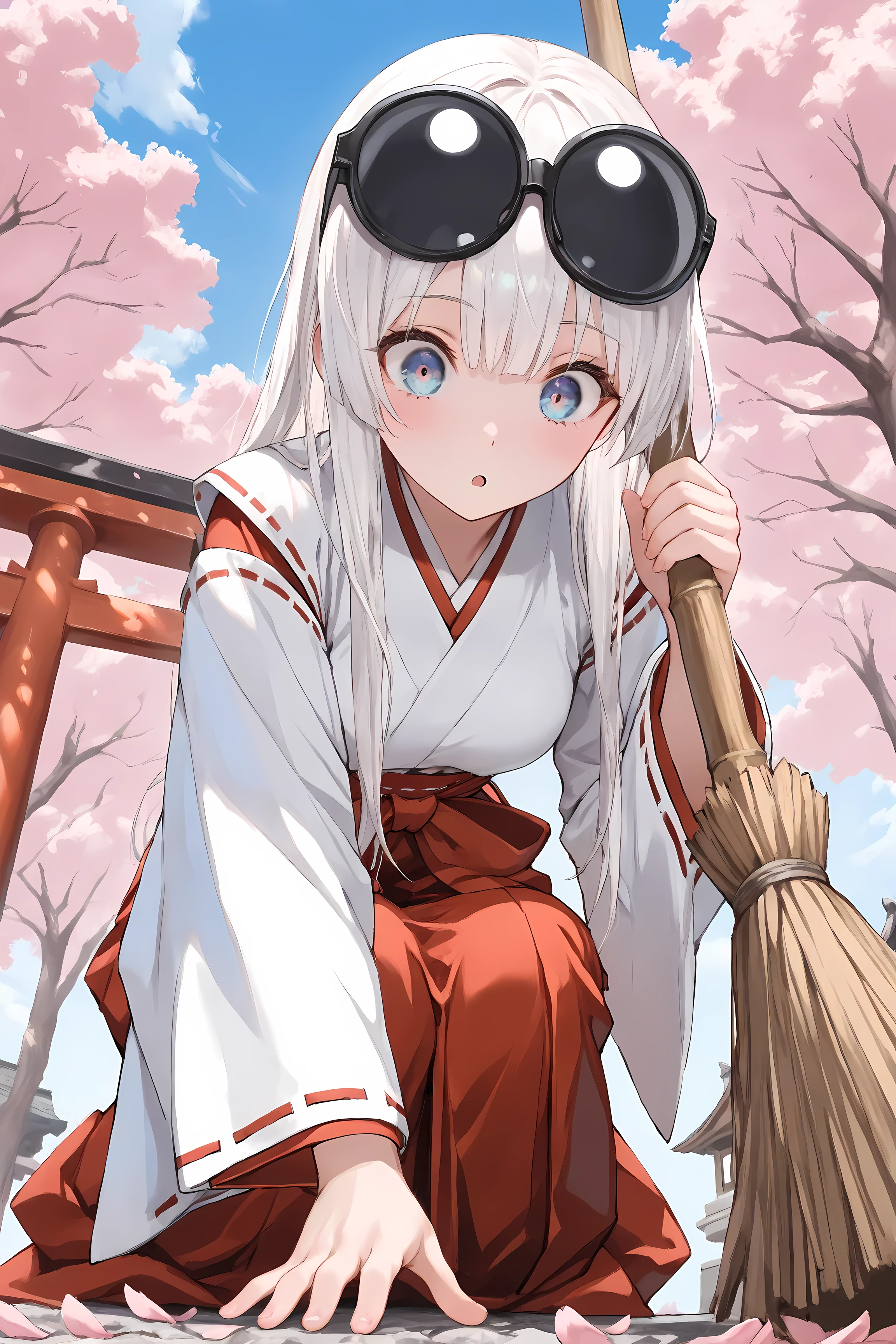 ((Masterpiece)),((best quality)),((incredibly absurdres)),((8K)),BREAK,
1 girl,solo,younger,kawaii,white hair,long hair,straight hair,blue eyes,small breasts,baby face,big eyes,BREAK ,
((black eyewear)),(miko),Maiden miko outfit,wide sleeves,BREAK,
(:o),open eyes wide,(parted lips),look at viewer,look at ground,(facing down),BREAK,
squatting,leaning forward,hugging broom,BREAK,
outdoors,shrine,torii,blue sky,(cloud:0.8),cherry tree,cherry petals,BREAK,
upper body,close-up face,foreshortening,focus on face,(underneath),(low angle),(from below),BREAK,