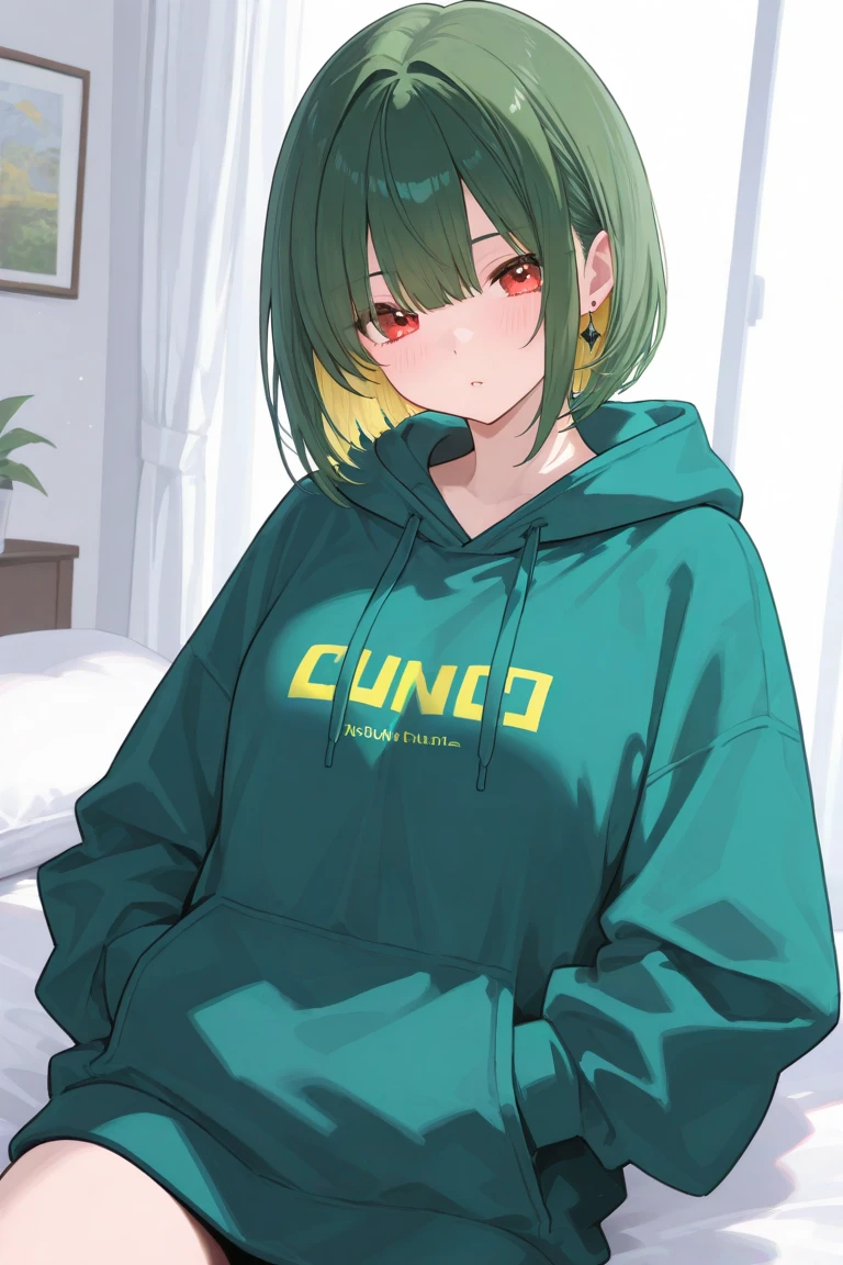 ((3/4 portrait)) Mexican girl, white skin, very sharp eyes (black sharp eyes), red hair ((very short hair)), puffy hair, chubby build, dark green hoodie ((very big and long hoodie)), very baggy pants (black cargo baggy pants, wide leg cargo pants)
