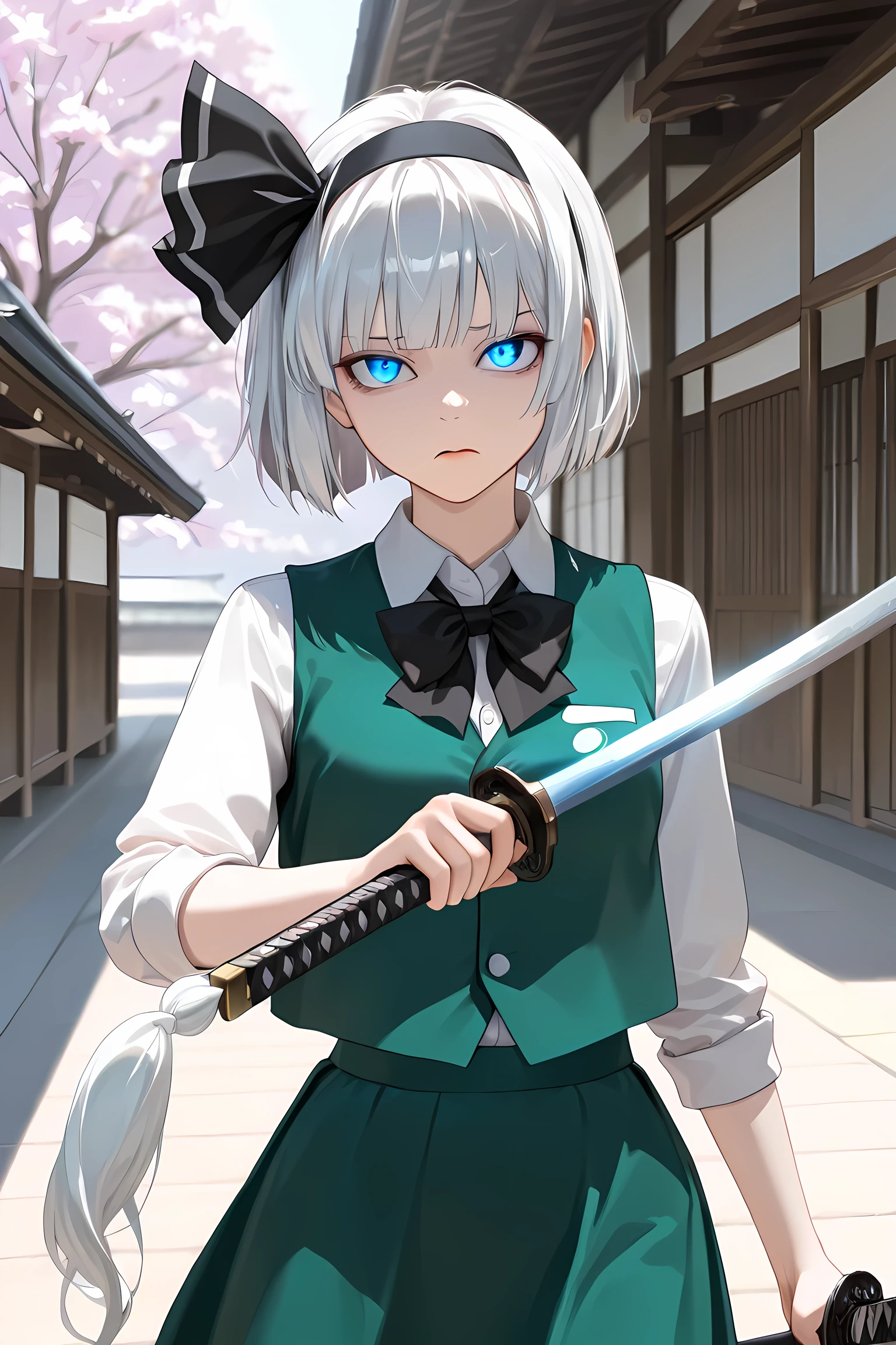 (masterpiece, best quality, masterpiece, amazing quality, absurdres, newest, scener, highres, newest, HDR, 16K, intricate details, high contrast, photo-referenced, detailed background, detailed eyes, anime-style, ultra high res, photorealistic, 8K UHD, hyper-detailed, masterpiece), BREAK (konpaku youmu, 1girl, solo, white hair, short hair, blunt bangs, blue eyes, hairband, hair ribbon, black ribbon, white shirt, collared shirt, green vest, green skirt, neutral face), (wielding a glowing katana, standing, cherry blossom)
(slender face, sharp eyes), (portrait)