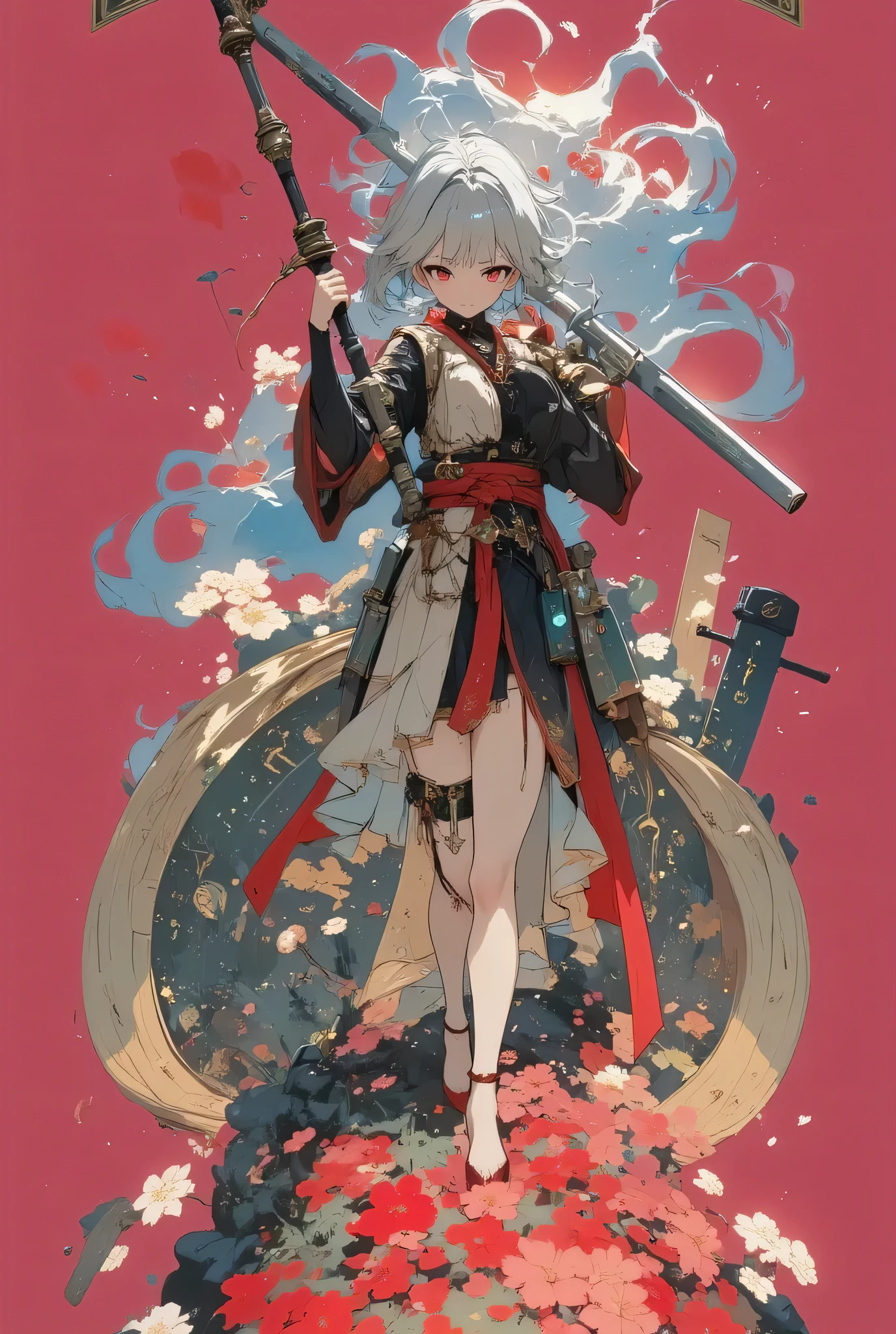 masterpiece,pictures,Highest Quality,8k,best quality,ultra-detailed,super detailed skin,perfect anatomy,detailed,official art,young woman,1girl,Oiran,( wielding a Japanese yari spear with great force:1.8),(from front),(Squat and spread your legs:1.3),(battle pose),(Swinging a sword forward in a leaning attack pose:1.8),(messy hair),(black hair),((red eyes)),glistening skin,muscular,(cleavage,large breasts:1.8),(seductive smile),(pale-violet-red Samurai armor:1.6),(long-shoulder-length cloak with red lining:1.8),gypsy skirt,garter belt,white tights,zettai ryouiki,front light,(high saturation),(crepuscular rays),(pink background:1.6),(A field of blooming Dogwood flower in full bloom:1.6), Brilliant Appearance ,extremely detailed, Imaginative,sensual ,Highest Quality, skin texture,rawpictures, 8k, masterpiece, Highest Quality,ultra detail,very detailed, intricate detail ,high resolution,超intricate detail,very detailed 8k cg wallpaper,