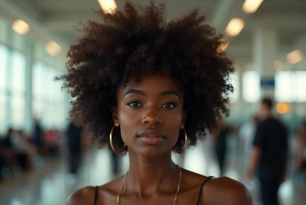 ung female , smile, dark skin tone, afro hair, a pair of sparkly bell-bottoms, a white blouse, yellow and cyan tone, 1970s, huge ear ring, Bell-bottoms, flares, Disco Mirror Ball,
analog style (35mmstyle:1.1), masterpiece, , cinematic lighting, (photorealistic:1.3), (film grain), film noise, kodak proimage 100, depth of field , bokeh